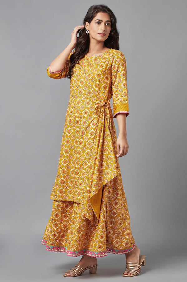 Mustard Yellow Angrakha Jumpsuit in Round Neck