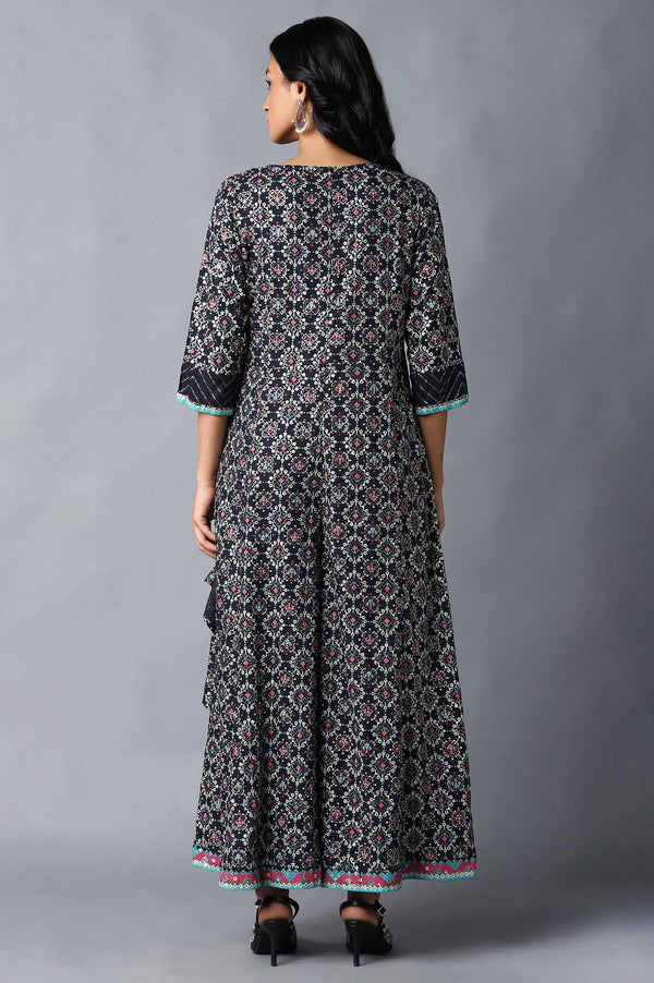 Dark Blue Angrakha Jumpsuit In Round Neck