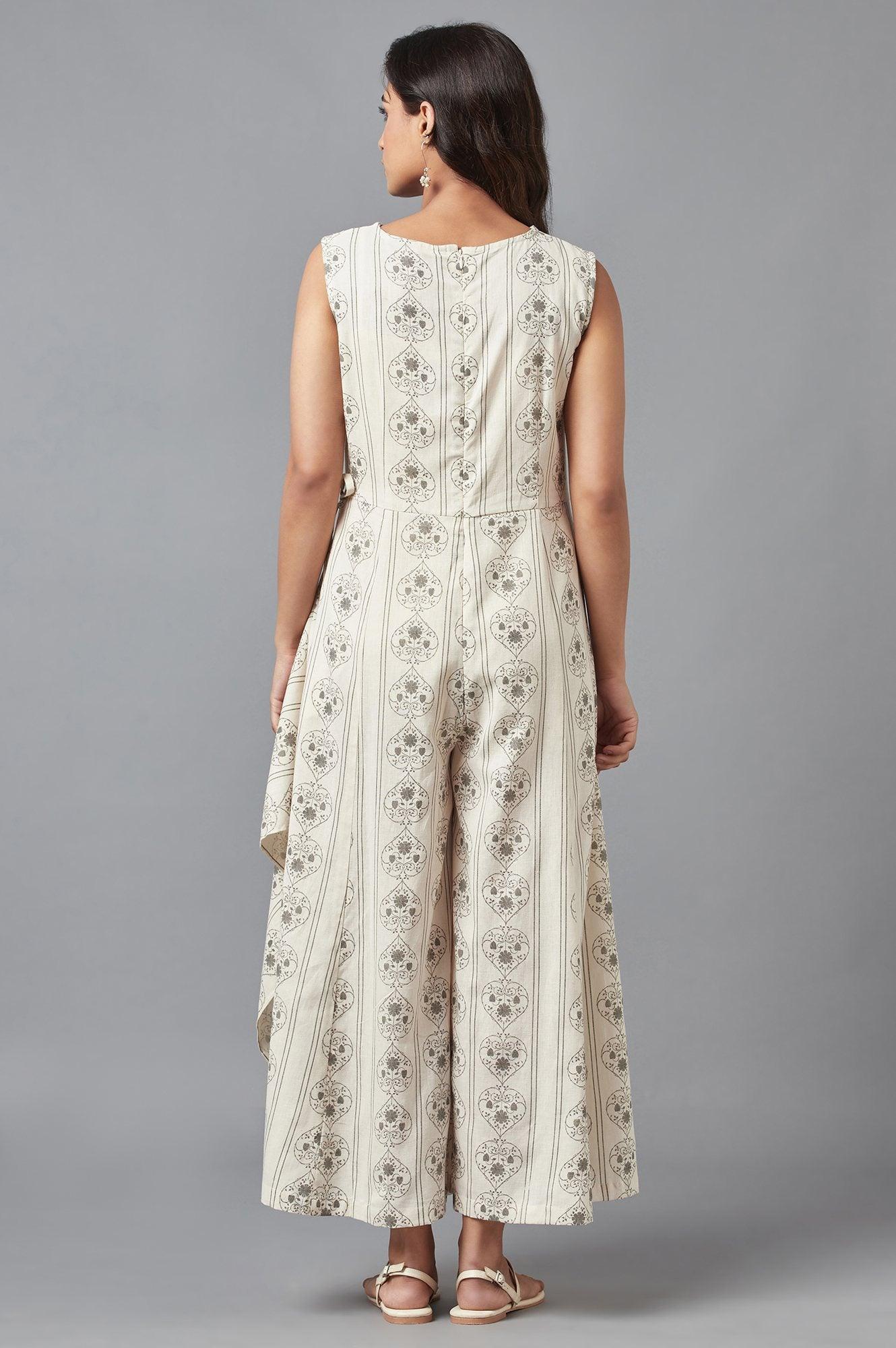 Ecru Sleeveless Angrakha Jumpsuit in Round Neck - wforwoman