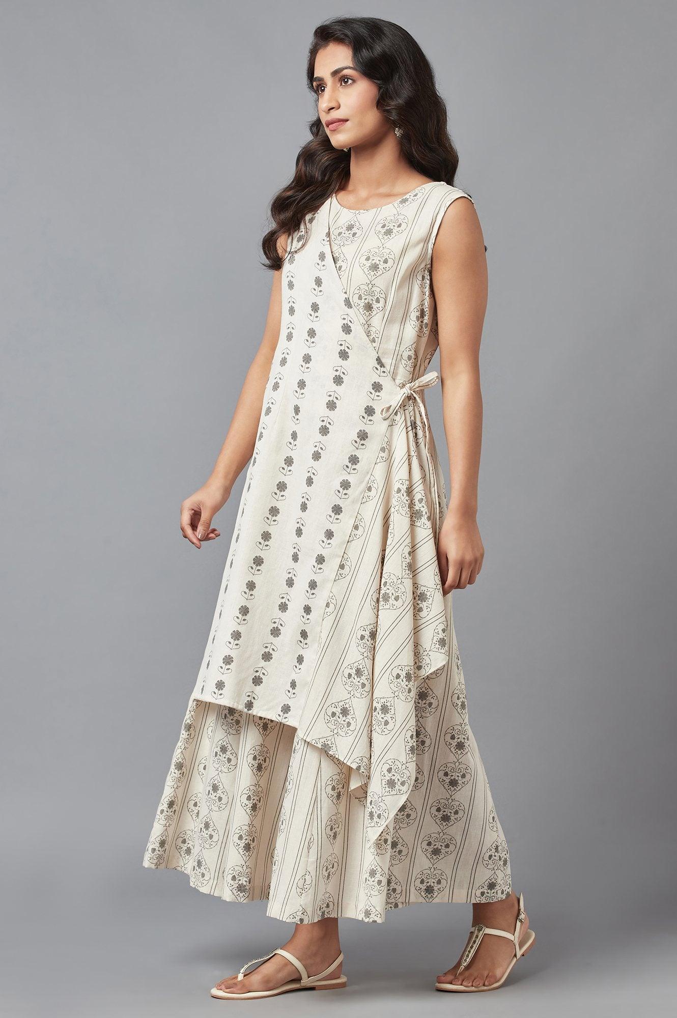 Ecru Sleeveless Angrakha Jumpsuit in Round Neck - wforwoman