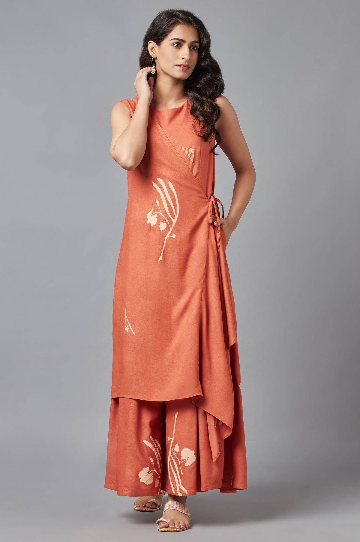 Rust Orange Sleeveless Angrakha Jumpsuit in Round Neck - XS