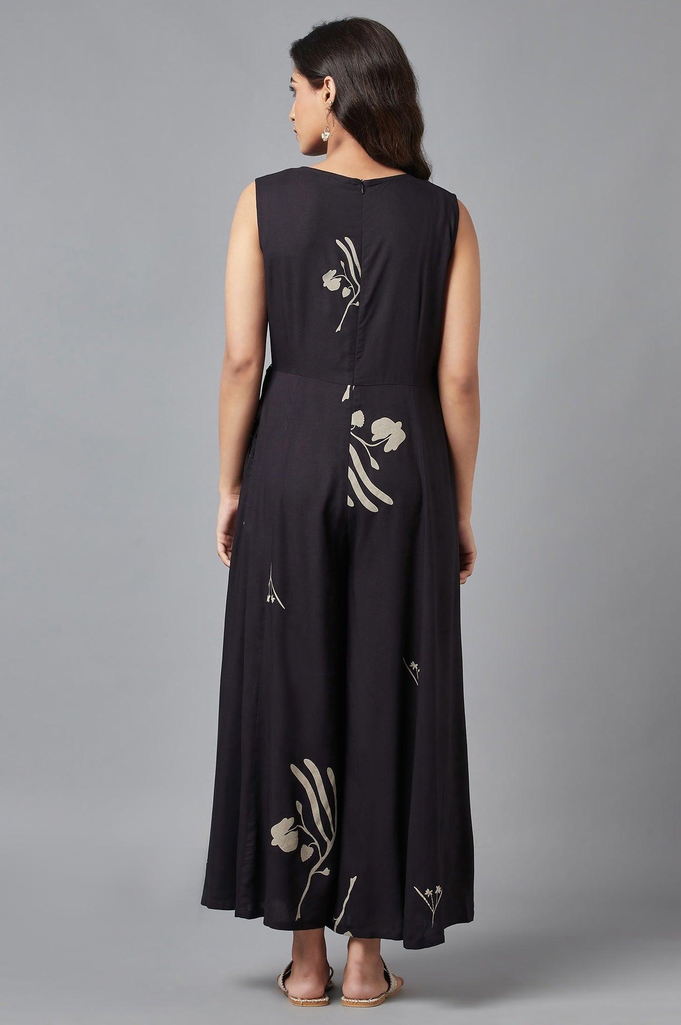 Black Sleeveless Angrakha Jumpsuit in Round Neck - wforwoman