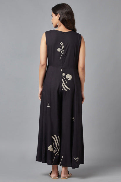 Black Sleeveless Angrakha Jumpsuit in Round Neck - wforwoman