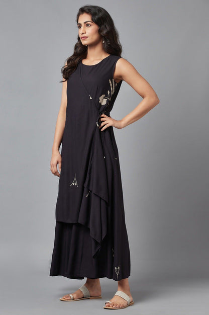 Black Sleeveless Angrakha Jumpsuit in Round Neck - wforwoman