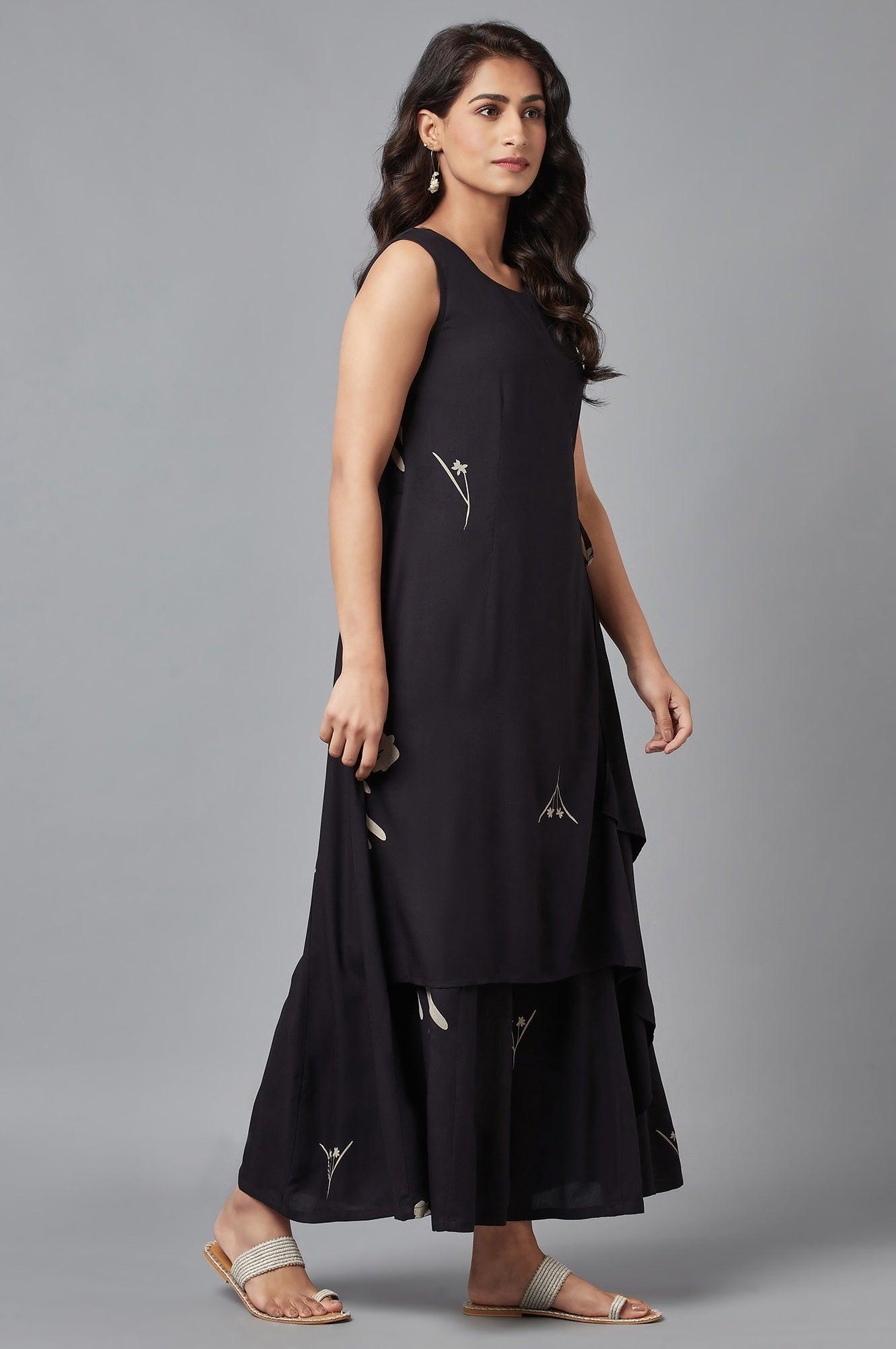 Black Sleeveless Angrakha Jumpsuit in Round Neck - wforwoman