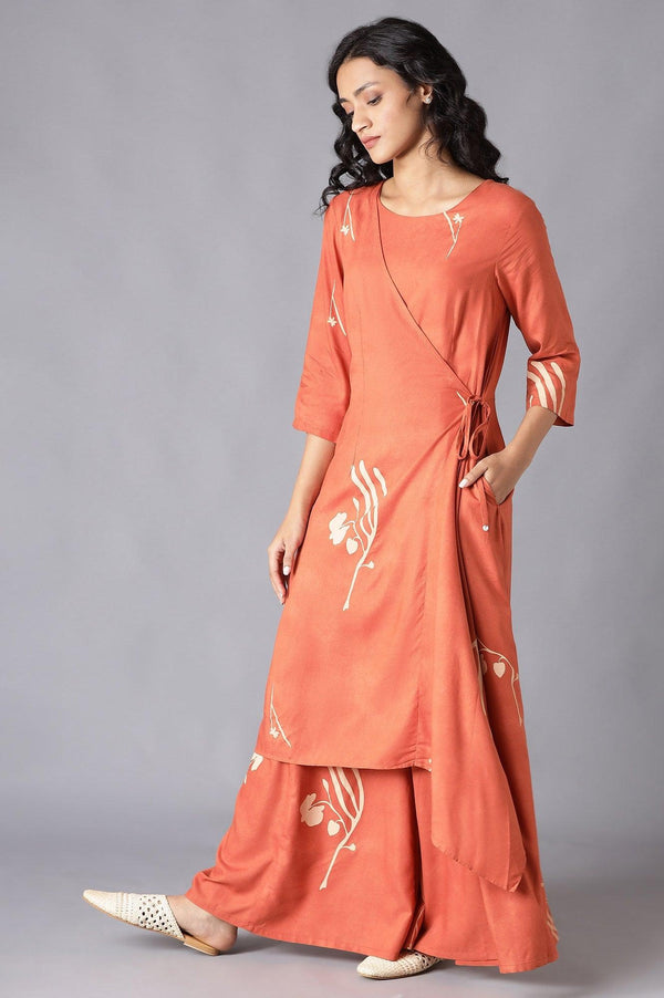 Rust Orange Angrakha Jumpsuit In Round Neck
