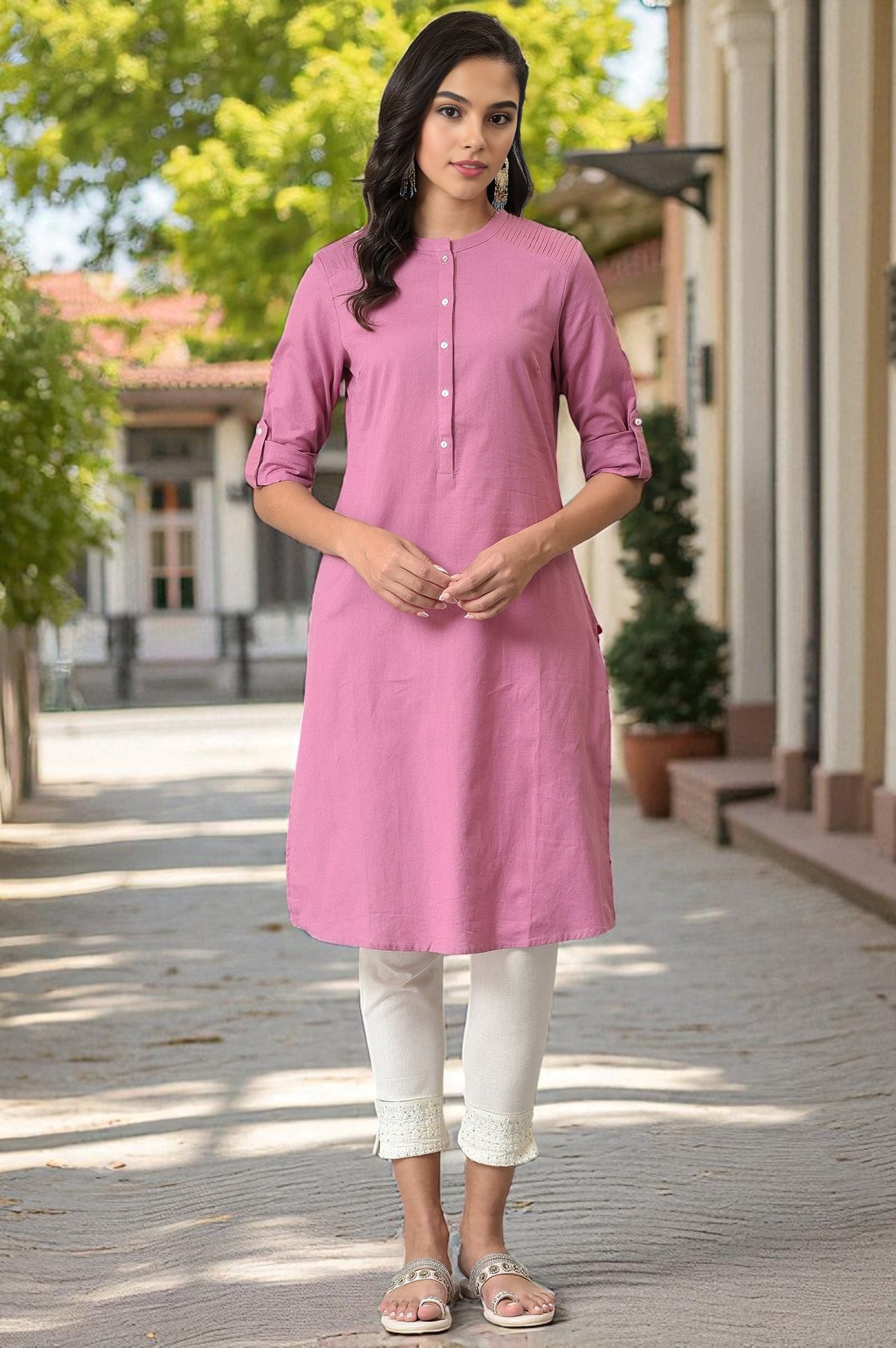 Pink Half Placket Shirt kurta - XS