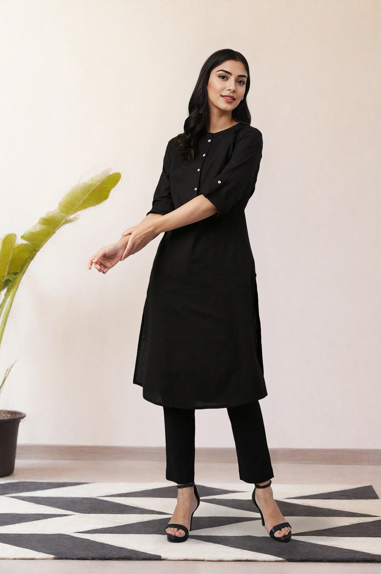 Jet Black Half Placket Shirt kurta