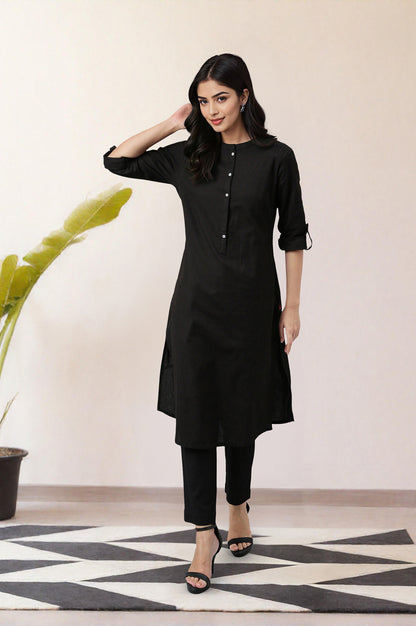 Jet Black Half Placket Shirt kurta