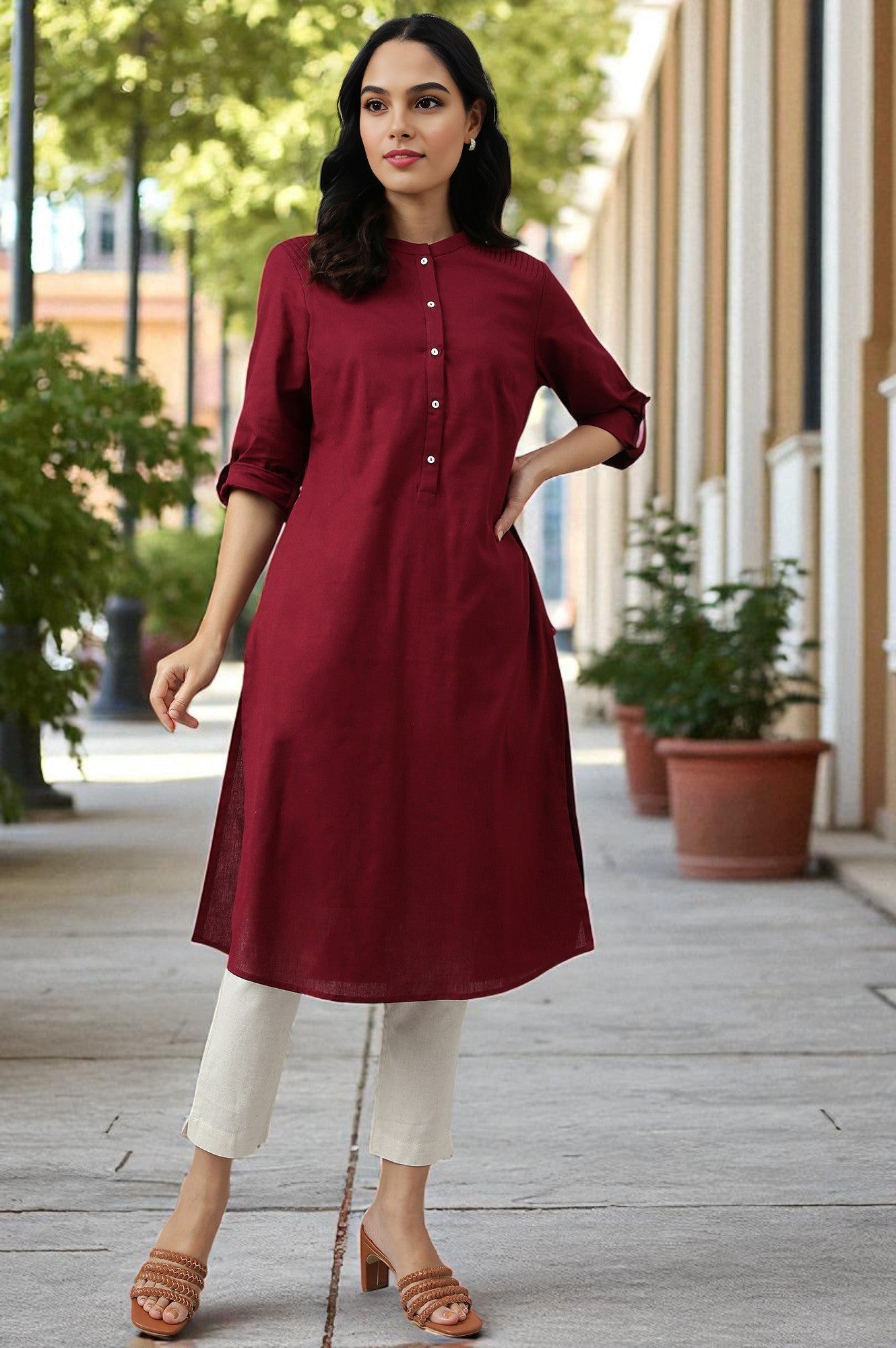 Red Half Placket Shirt kurta