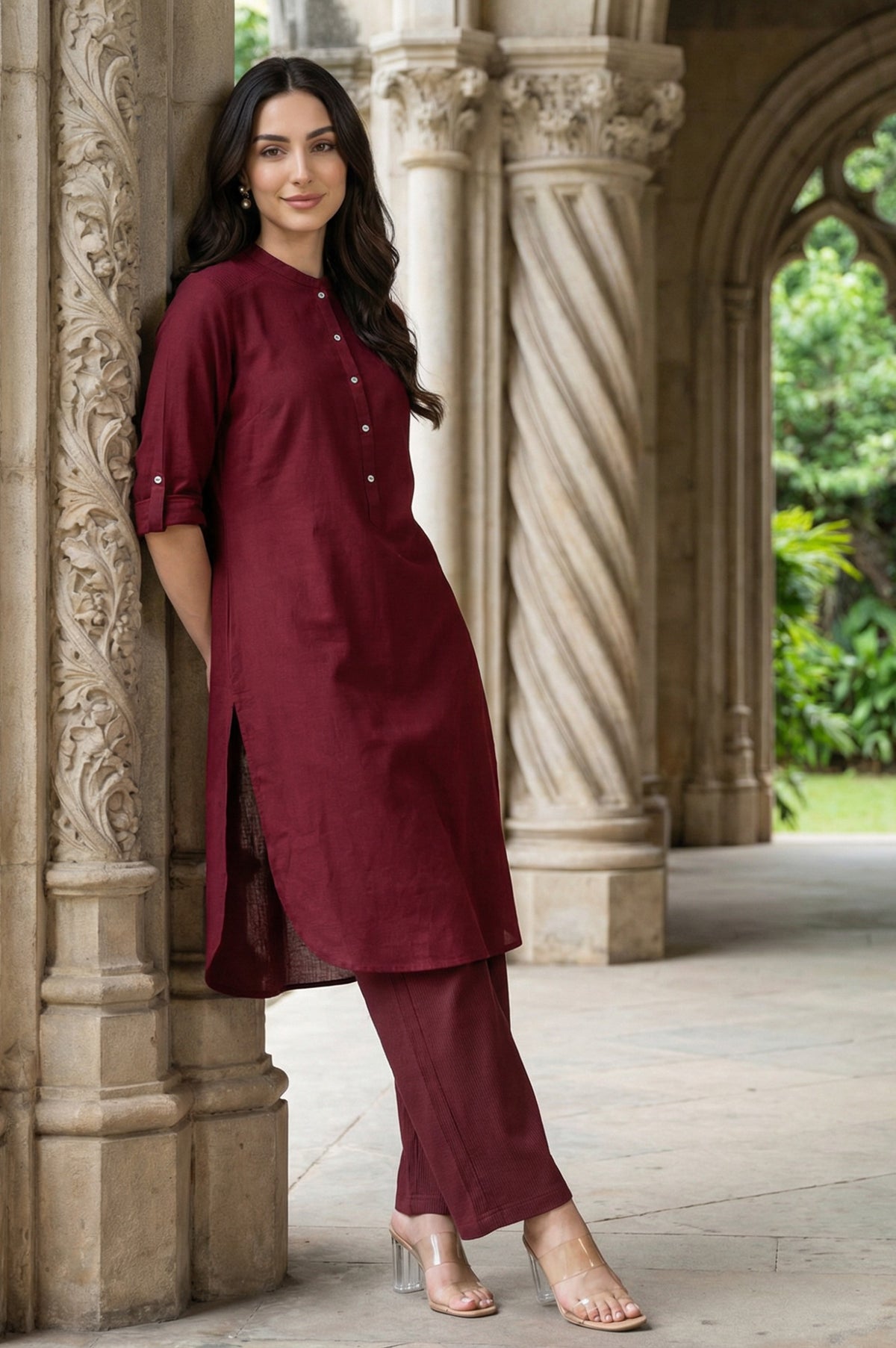 Red Half Placket Shirt kurta