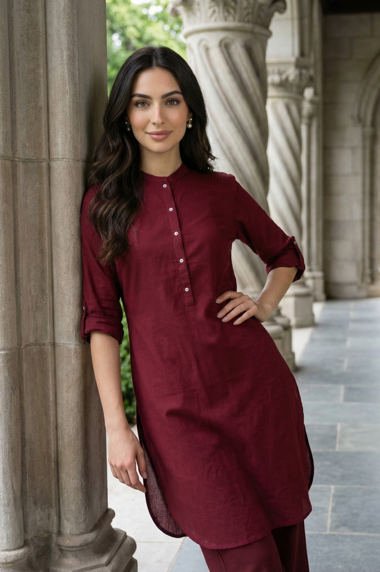 Red Half Placket Shirt kurta
