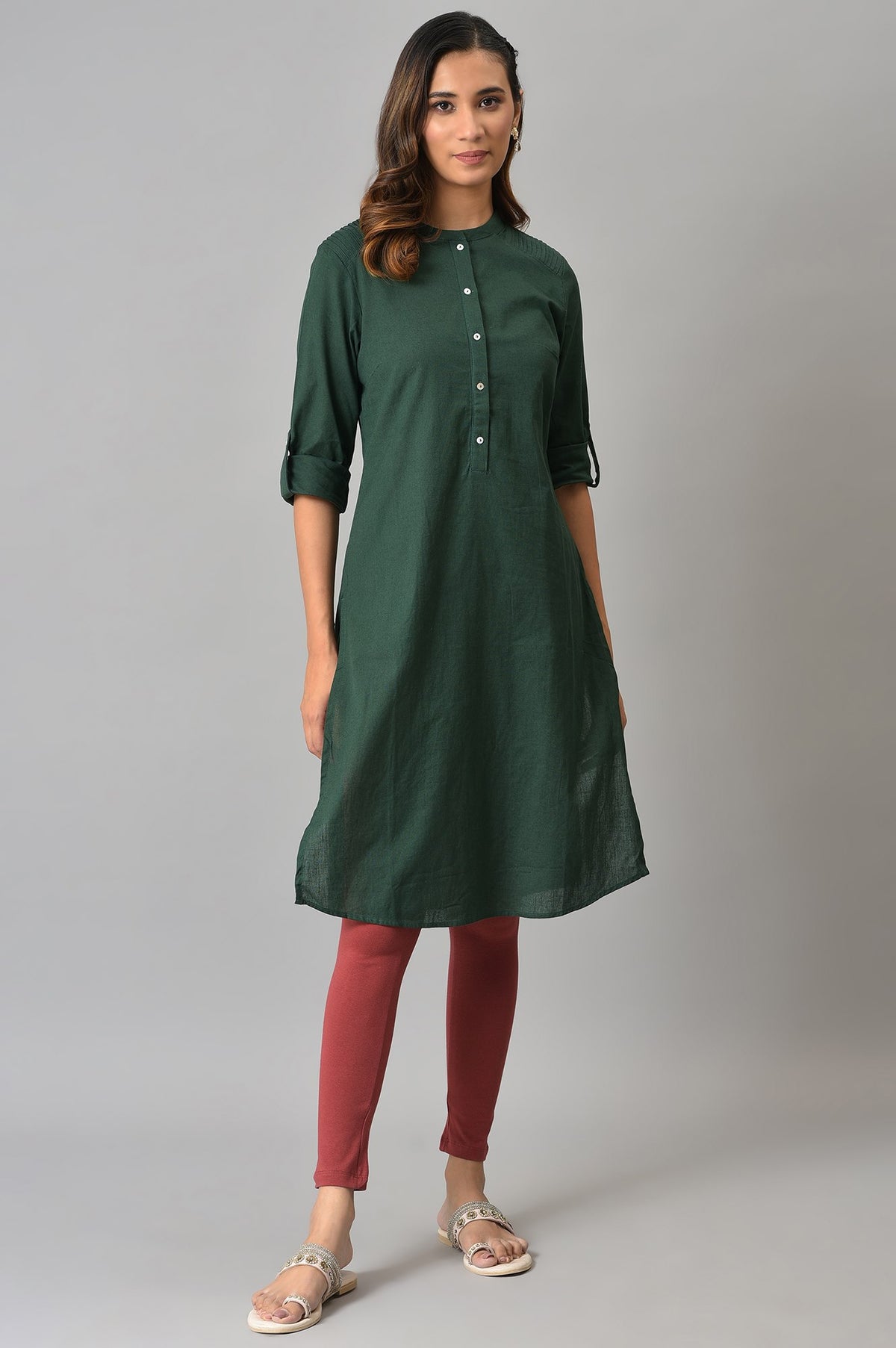 Dark Green Half Placket Shirt kurta - XS