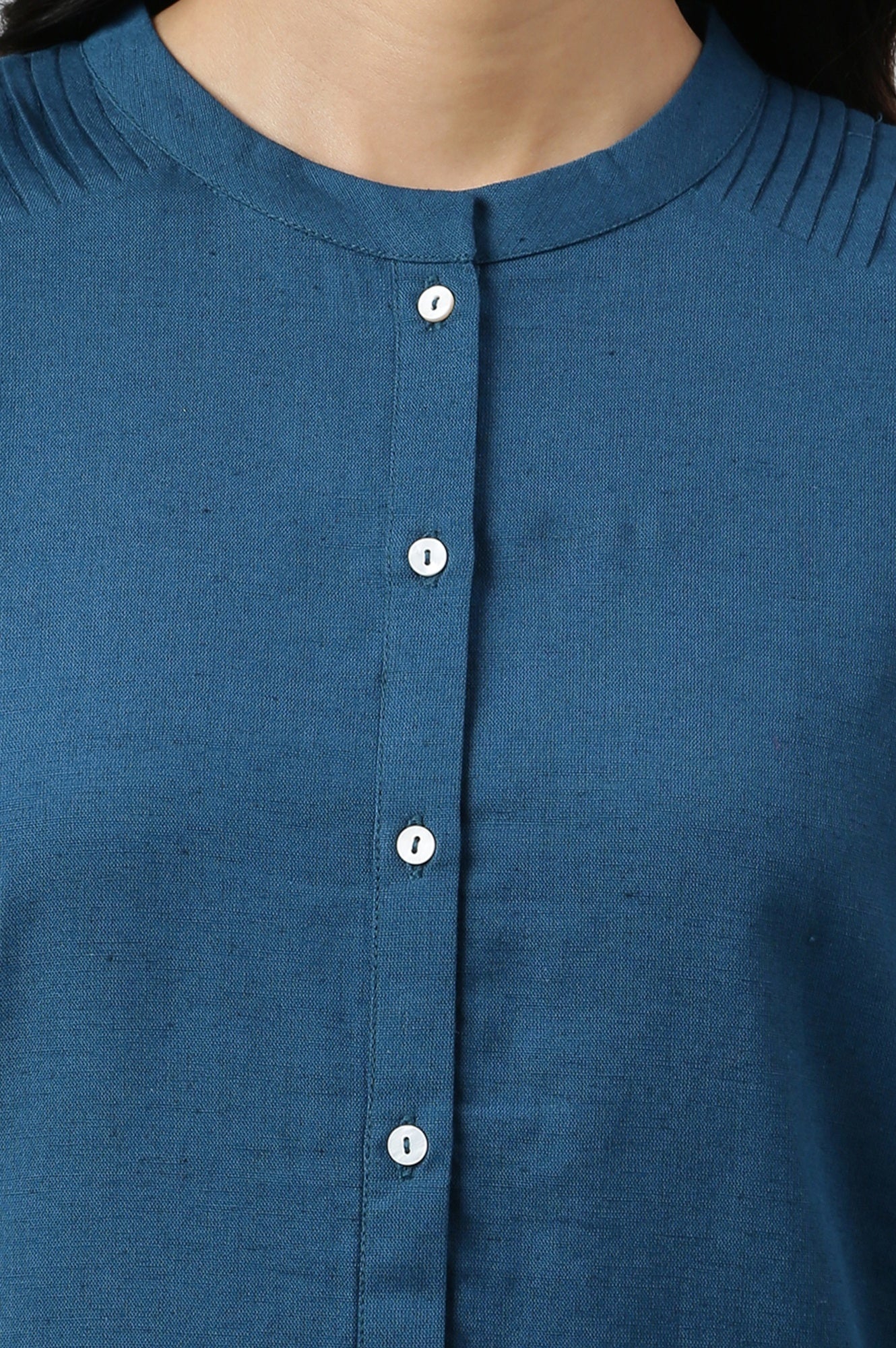 Blue Solid Cotton Shirt Kurta in Mandarin Collar
