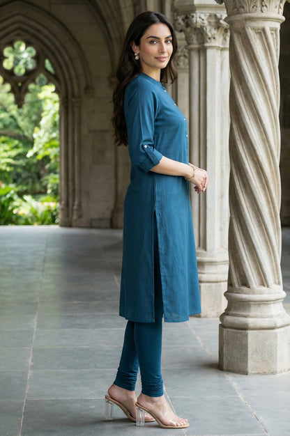 Blue Solid Cotton Shirt Kurta in Mandarin Collar