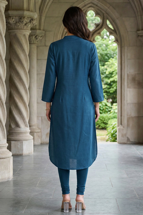 Blue Solid Cotton Shirt Kurta in Mandarin Collar