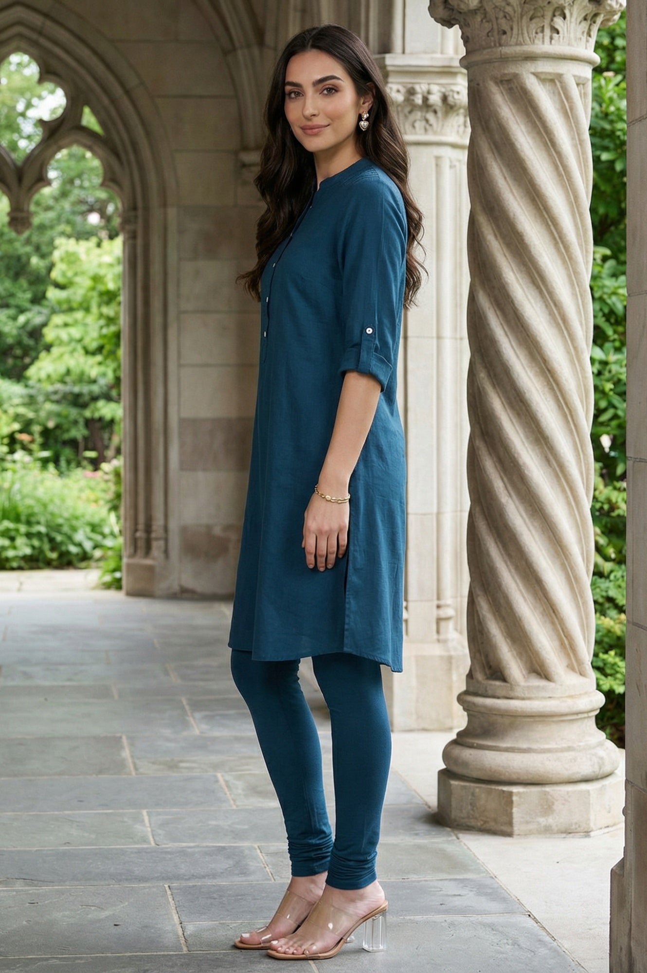 Blue Solid Cotton Shirt Kurta in Mandarin Collar