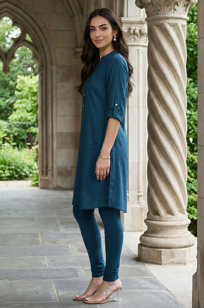 Blue Solid Cotton Shirt Kurta in Mandarin Collar