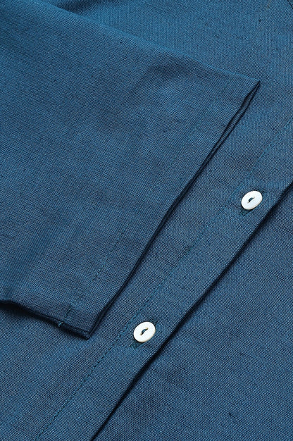 Blue Solid Cotton Shirt Kurta in Mandarin Collar