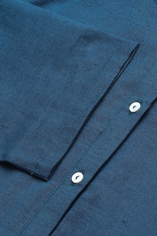 Blue Solid Cotton Shirt Kurta in Mandarin Collar