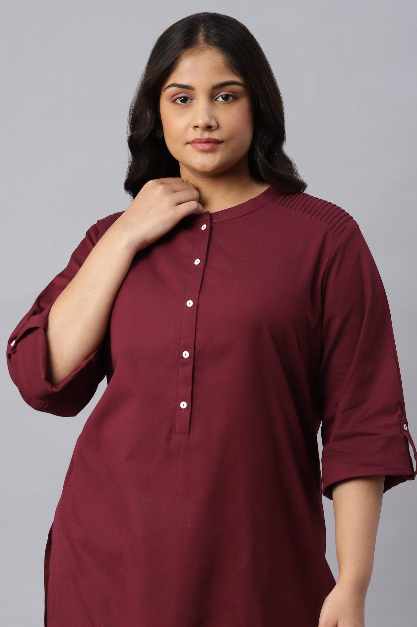 Red Half Placket Plus Size Shirt kurta - wforwoman