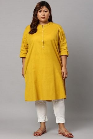 Light Yellow Half Placket Plus Size Shirt kurta - 4XL