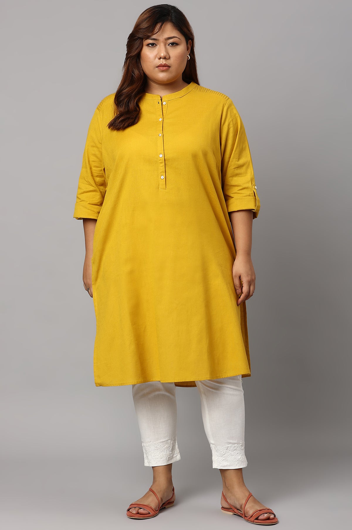 Light Yellow Half Placket Plus Size Shirt kurta - 20