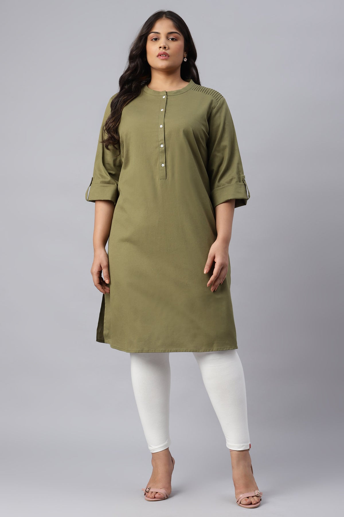 Green Half Placket Plus Size Shirt kurta - 20