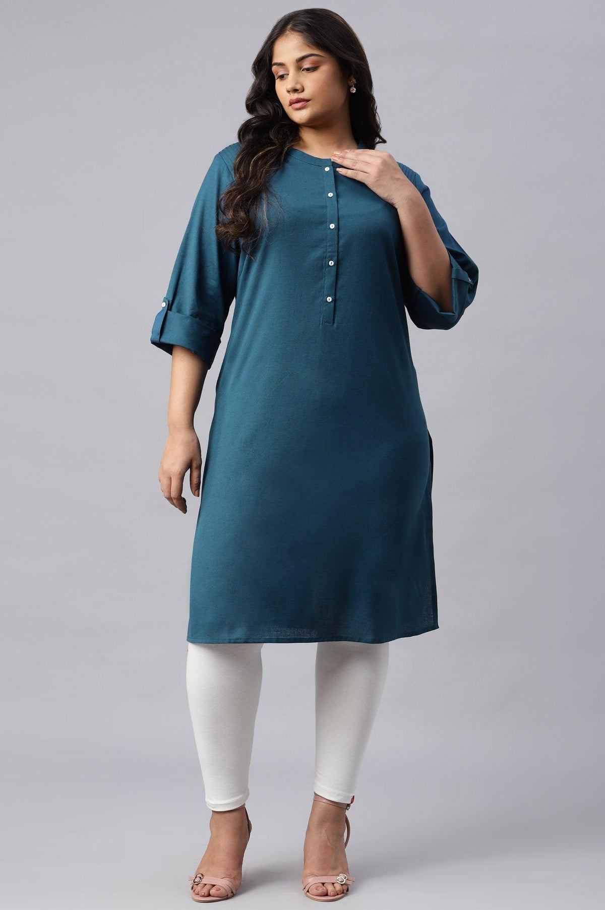 Blue Half Placket Plus Size Shirt kurta - 20