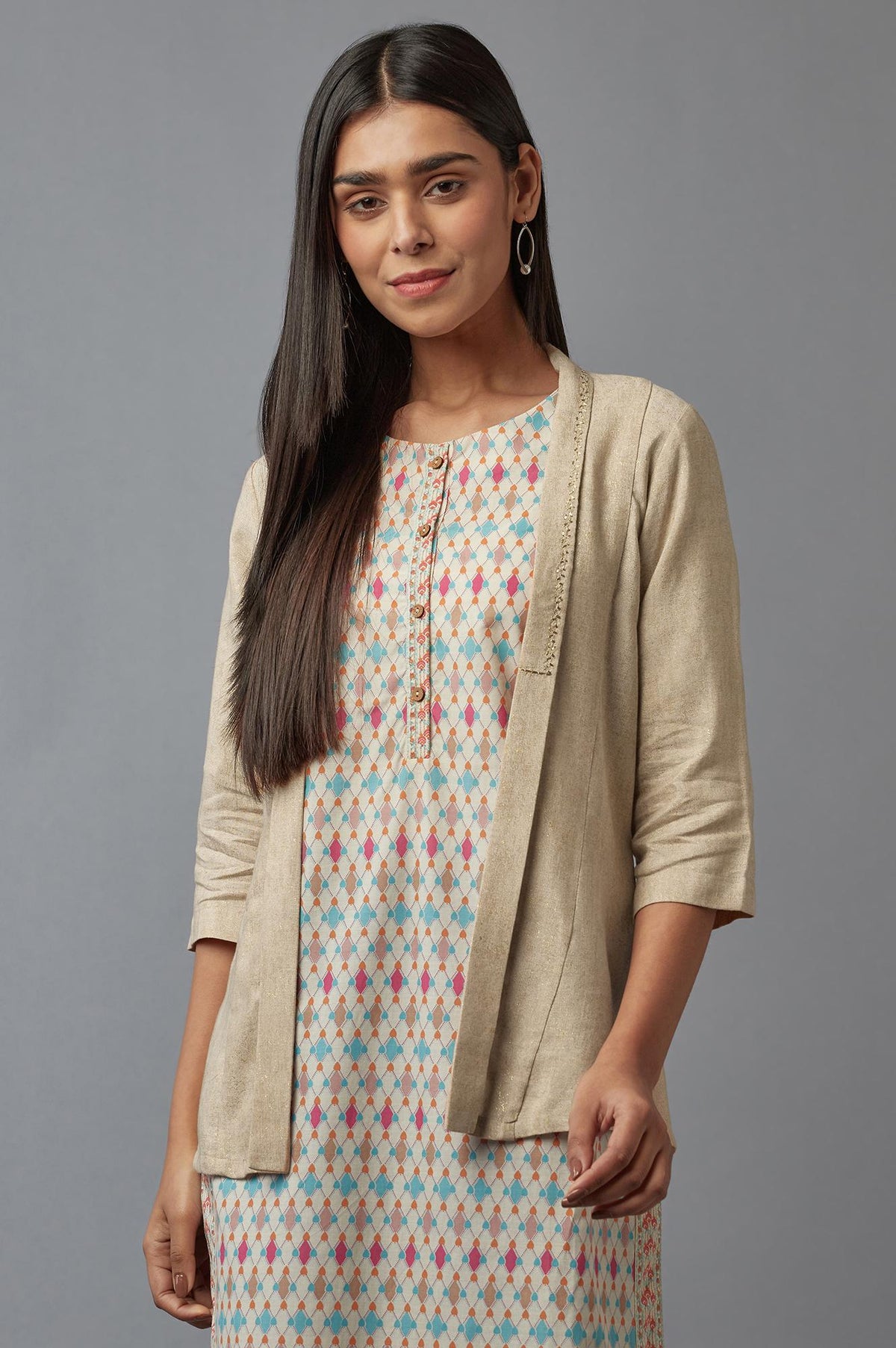 Almond Beige Printed Shrug - XS