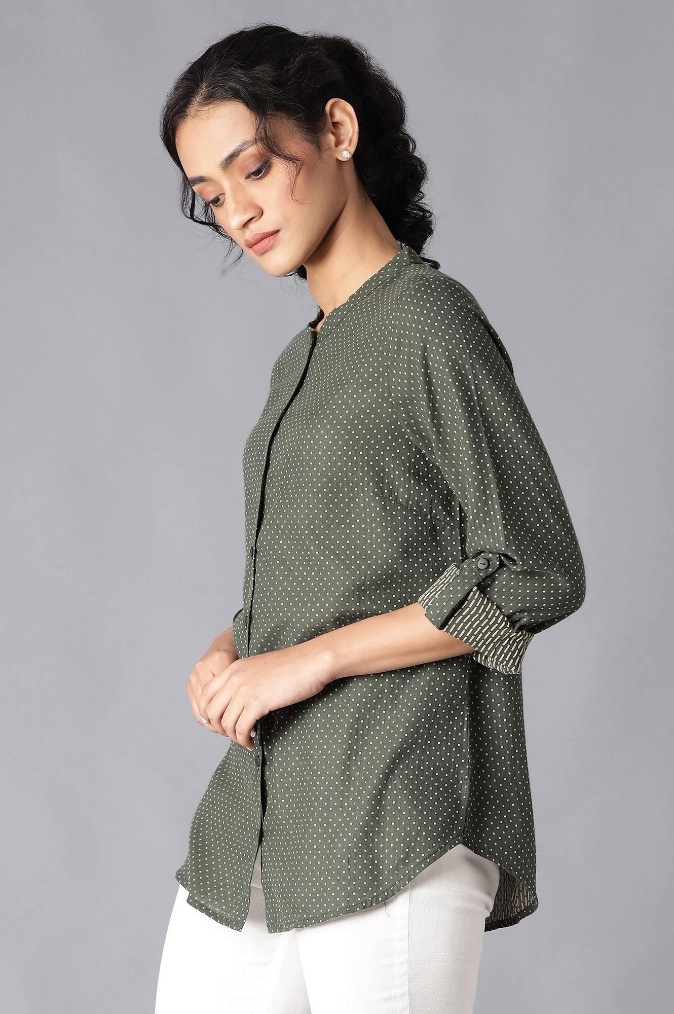 Dark Green Cotton Dobby Textured Shirt - wforwoman