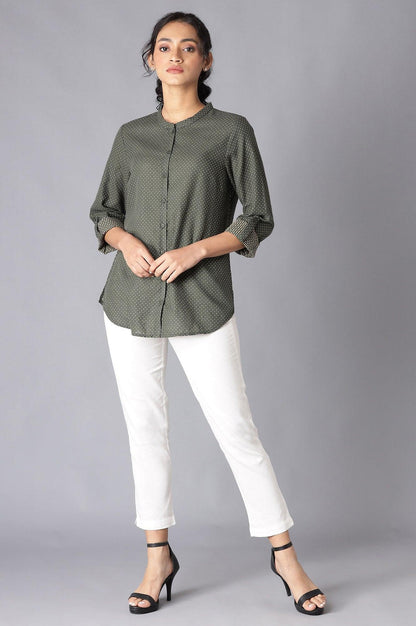 Dark Green Cotton Dobby Textured Shirt - wforwoman