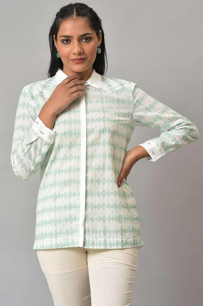 White And Green Dobby Textured Shirt - wforwoman