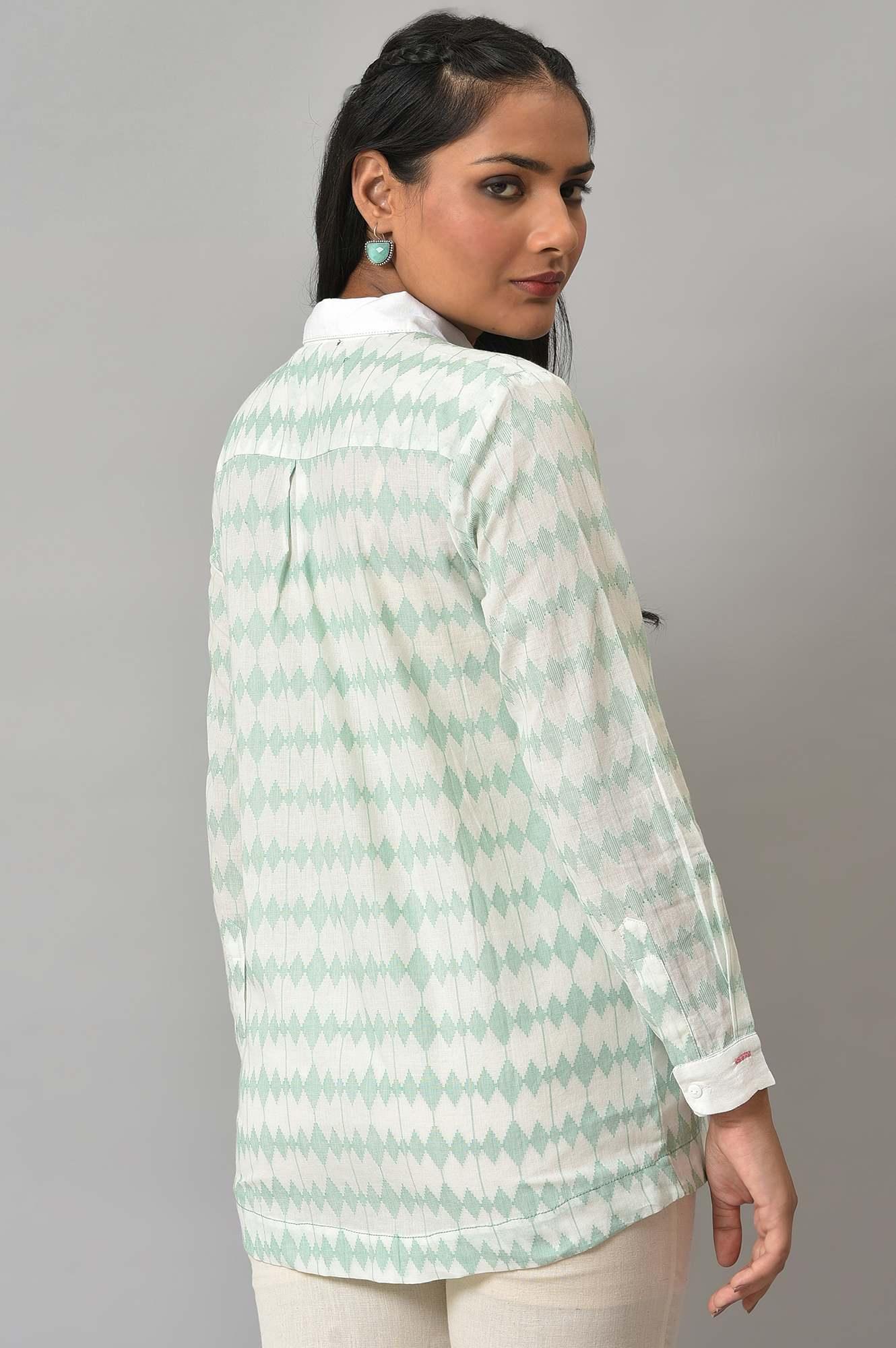 White And Green Dobby Textured Shirt - wforwoman