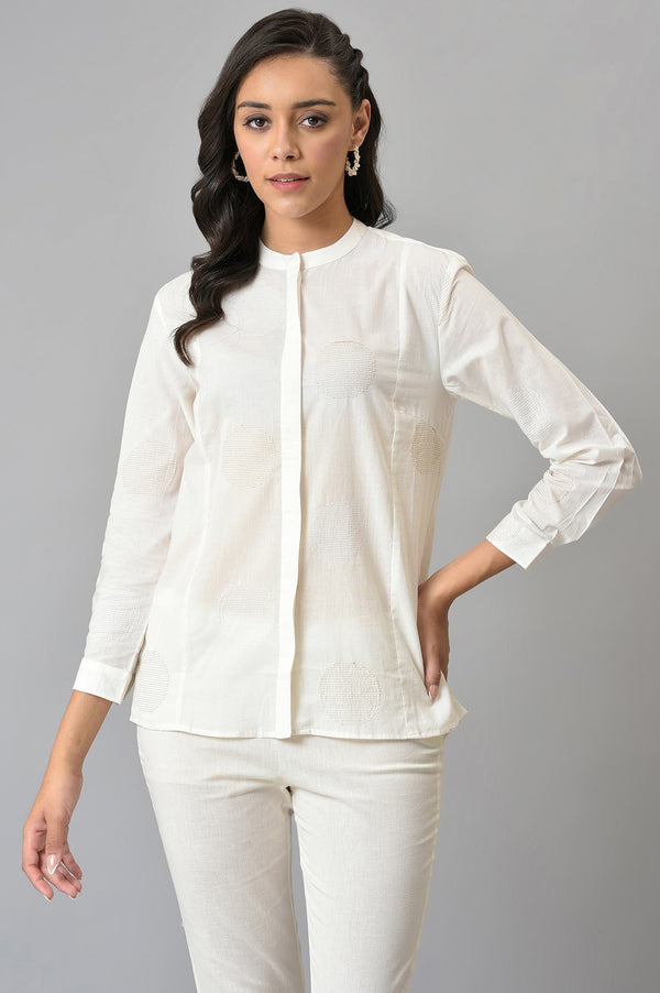 White Thread Embroidered Pure Cotton Shirt