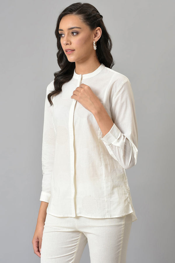 White Thread Embroidered Pure Cotton Shirt