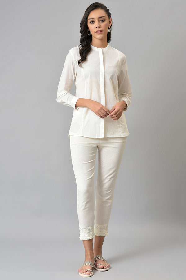 White Thread Embroidered Pure Cotton Shirt
