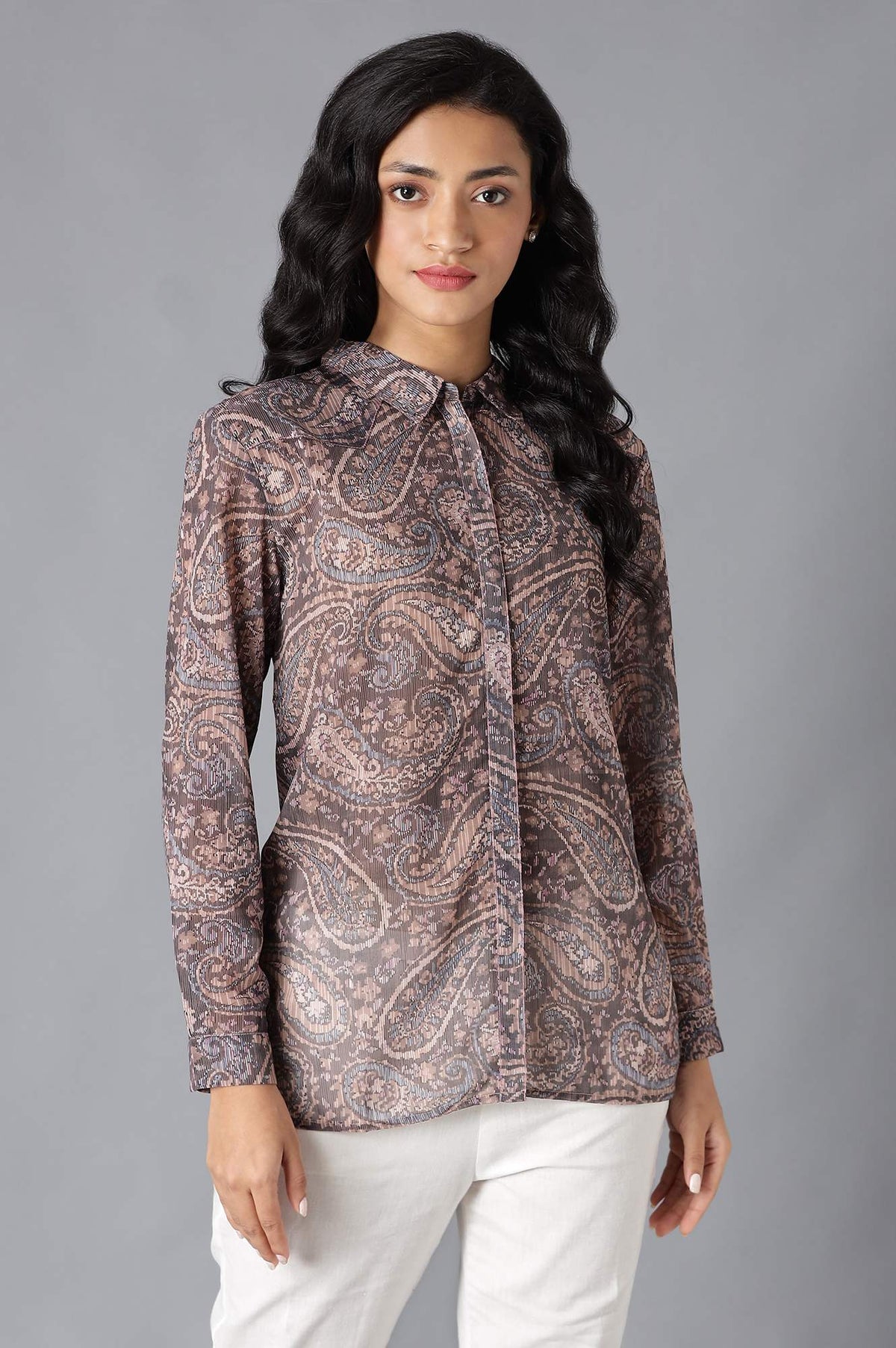 Brown Paisley Print Georgette Shirt - XS