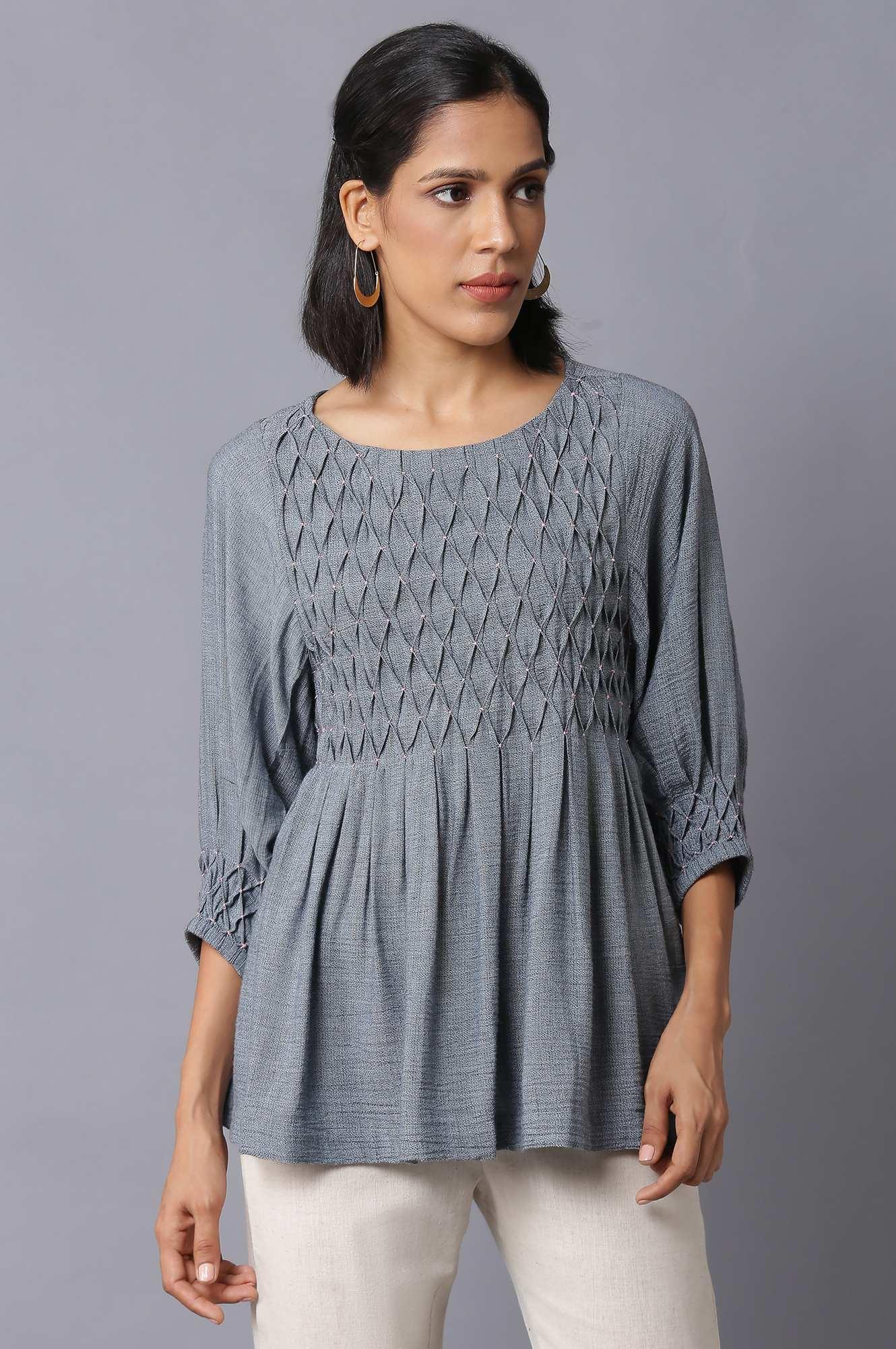 Dark Blue Gathered Top With Smocked Detail - wforwoman