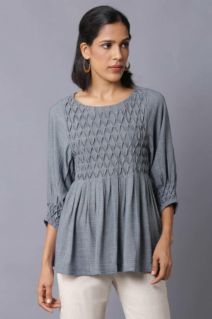 Dark Blue Gathered Top With Smocked Detail - wforwoman