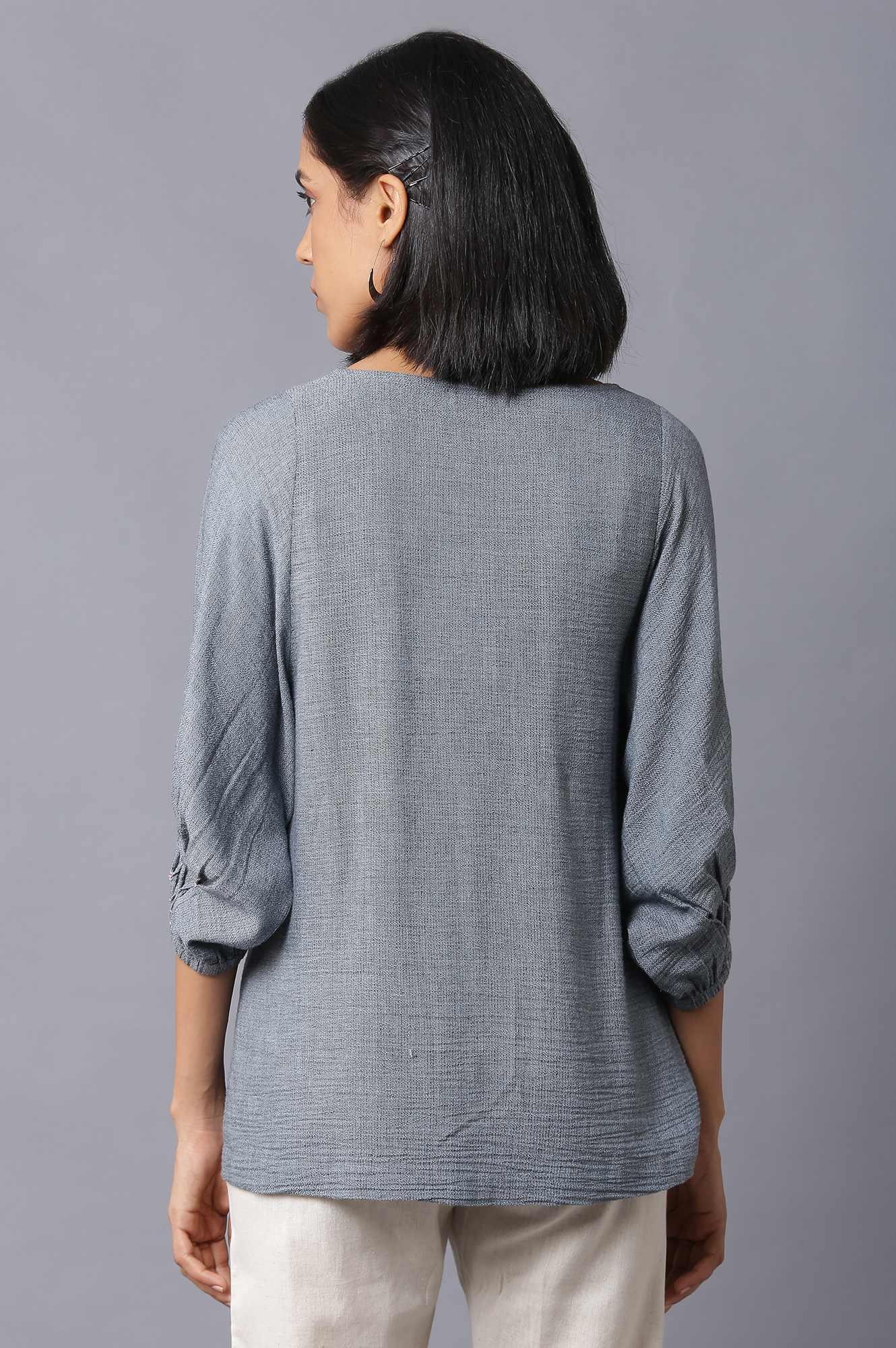 Dark Blue Gathered Top With Smocked Detail - wforwoman