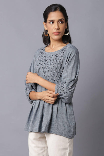 Dark Blue Gathered Top With Smocked Detail - wforwoman