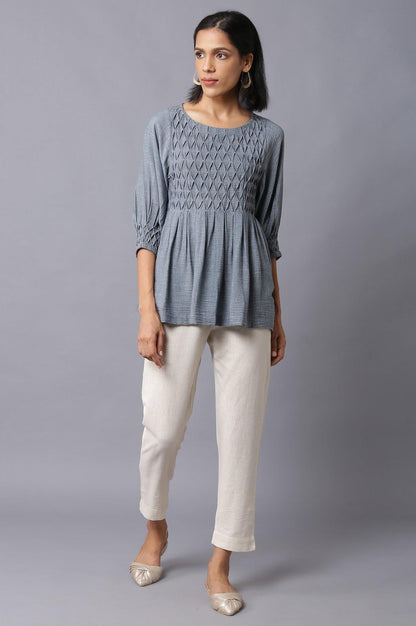 Dark Blue Gathered Top With Smocked Detail - wforwoman