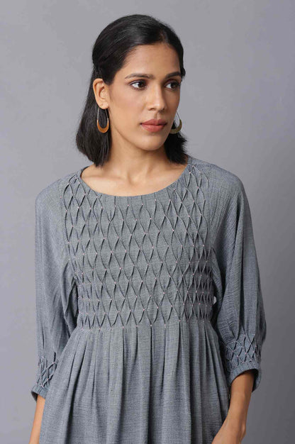 Dark Blue Gathered Top With Smocked Detail - wforwoman