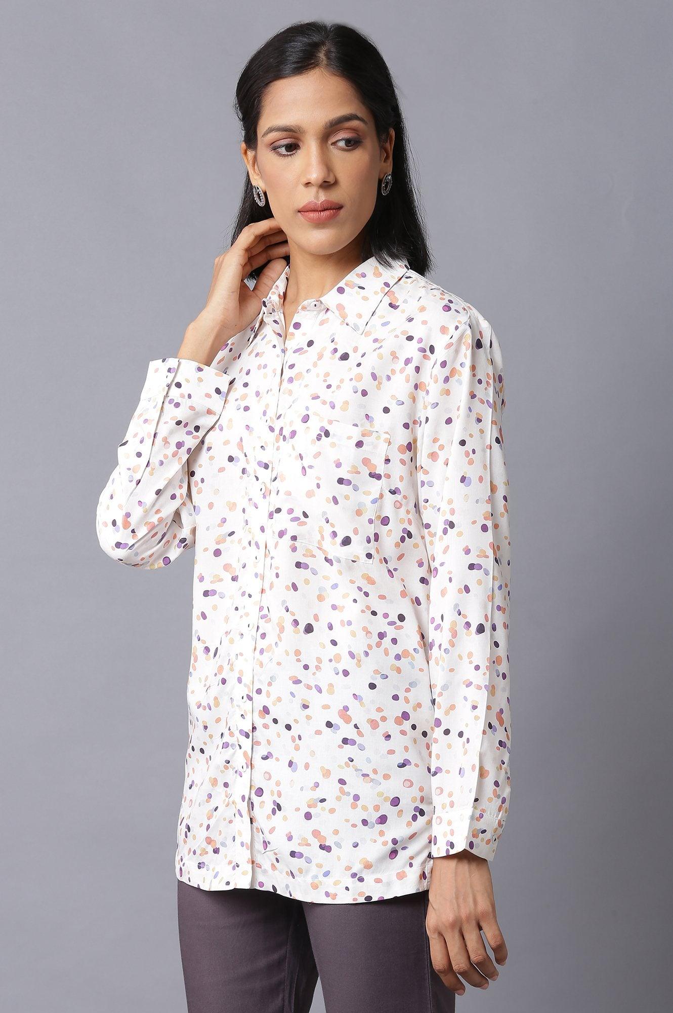 Ecru Polka Dots High-Low Shirt - wforwoman