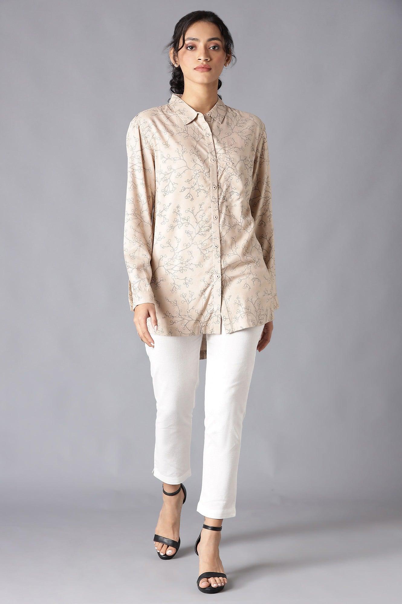 Light Brown Floral Print High-Low Shirt - wforwoman