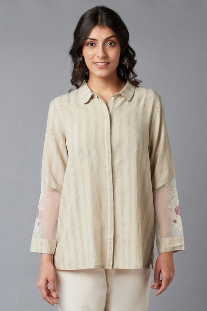 Beige Textured Shirt With Embroidered Sleeves - wforwoman