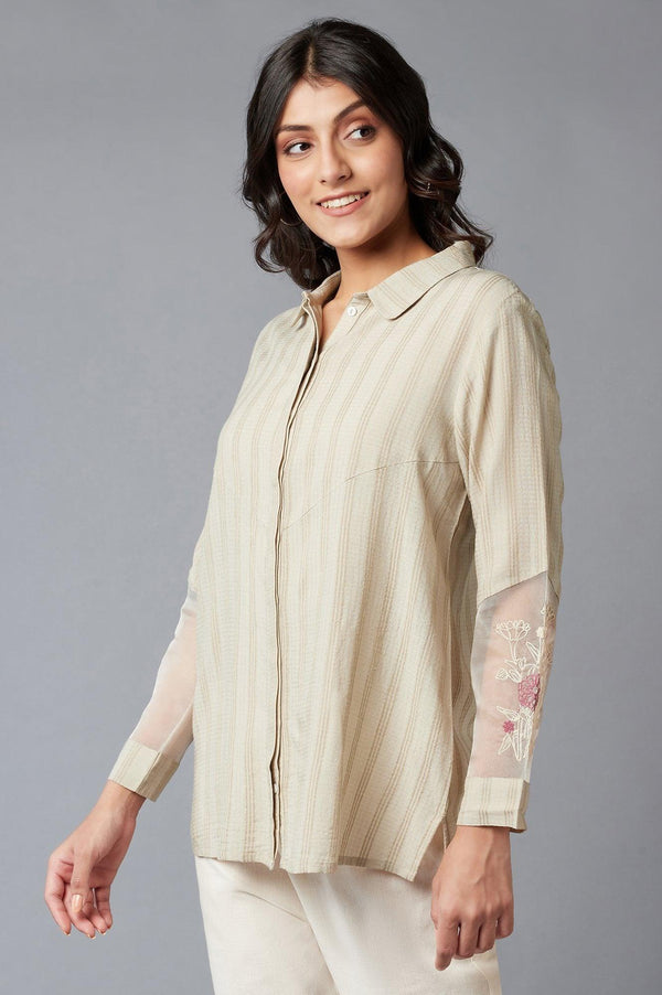 Beige Textured Shirt With Embroidered Sleeves