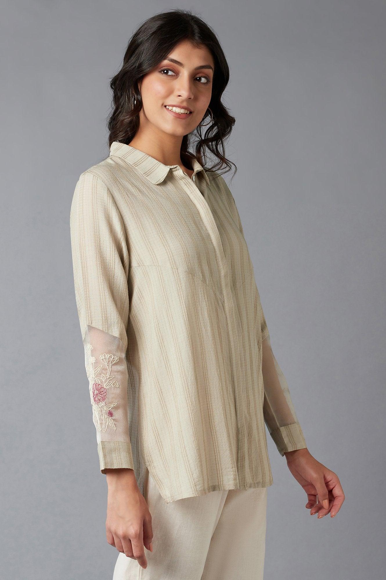 Beige Textured Shirt With Embroidered Sleeves - wforwoman