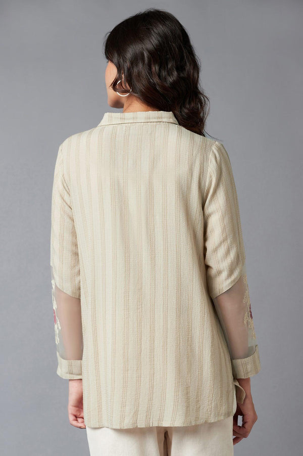 Beige Textured Shirt With Embroidered Sleeves